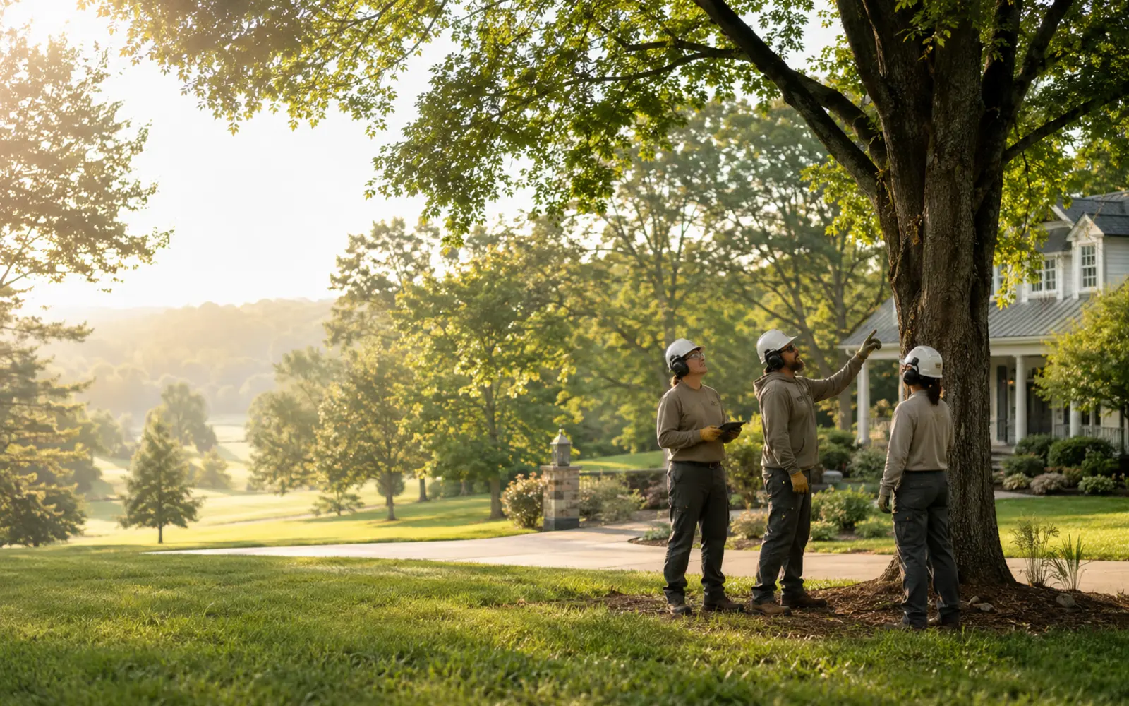 Representative image of tree-care professionals assessing a mature tree near a Tennessee home.