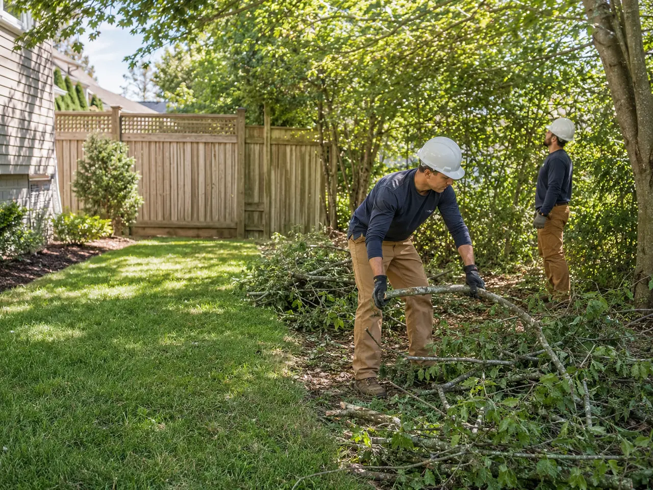 Representative image of workers organizing branches and brush beside a residential yard.