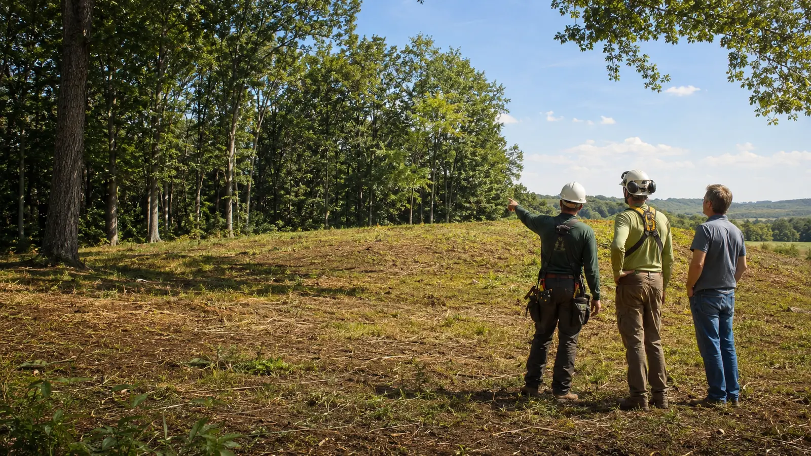 Representative image of a property owner and professionals planning a rural lot-clearing project.