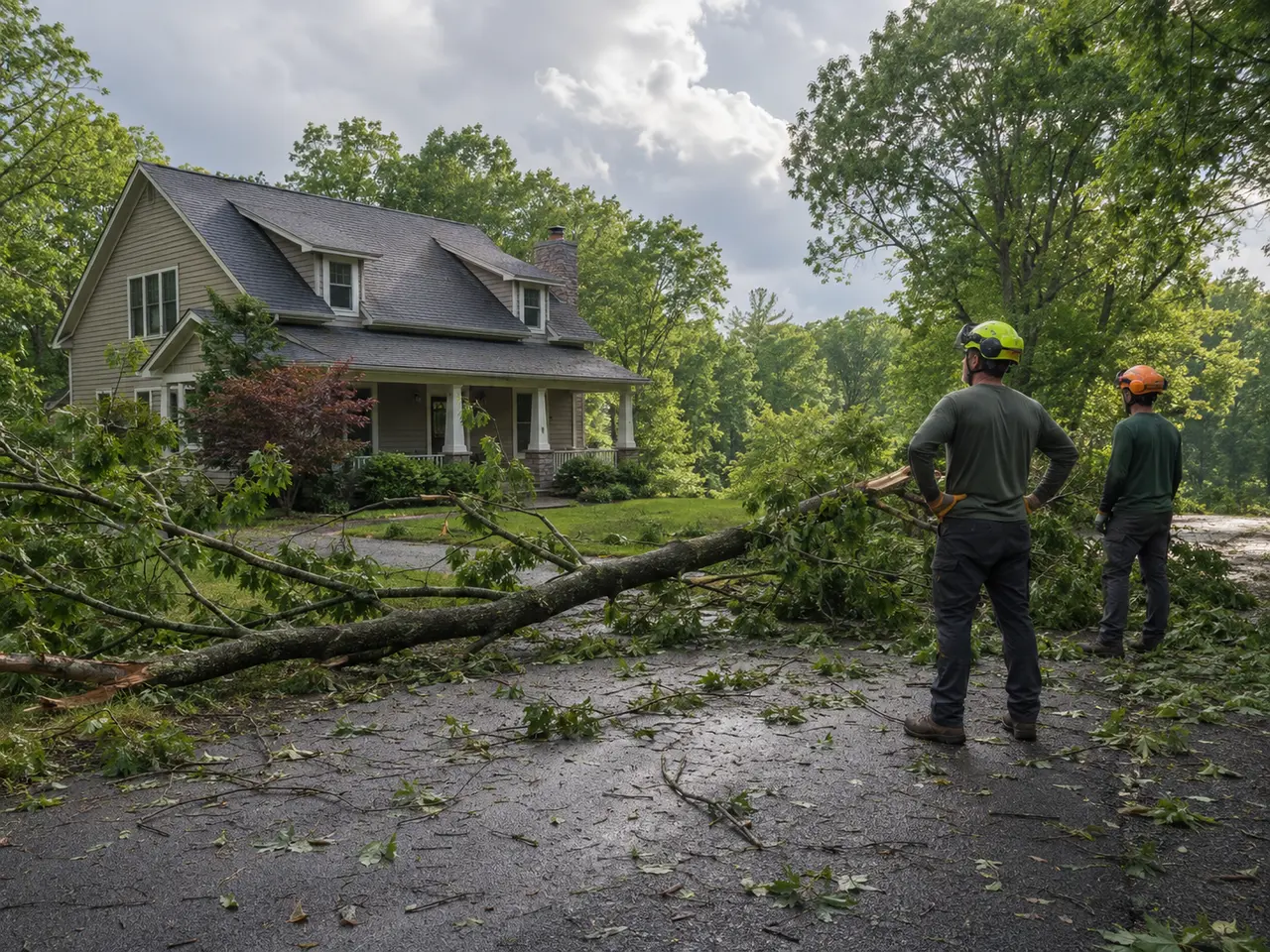 Representative image of tree-care professionals assessing storm-damaged limbs blocking a driveway.