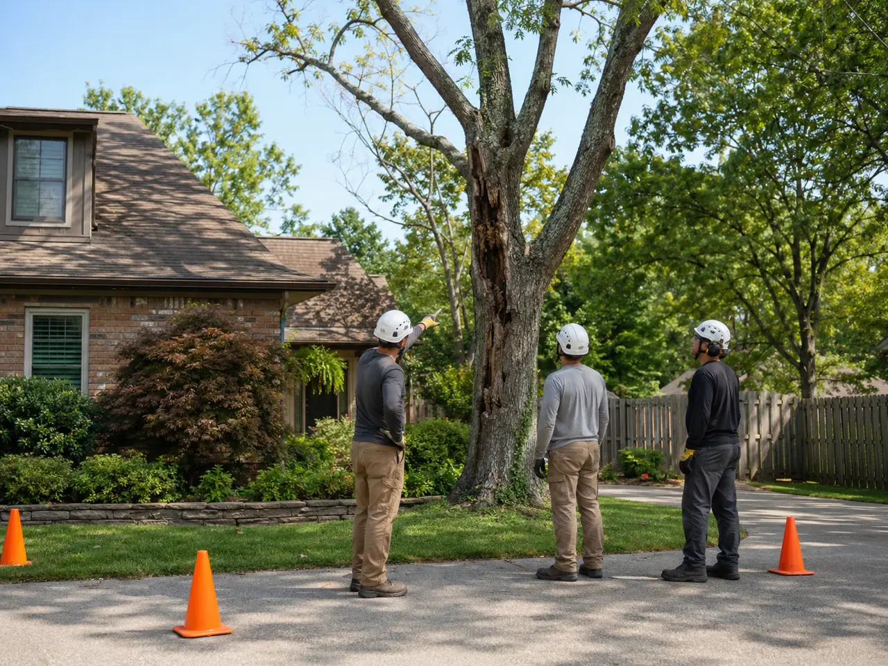 Representative image of professionals assessing a damaged tree and surrounding property before removal.
