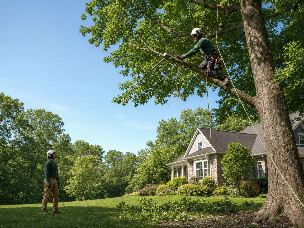 Representative image of professional tree trimming with appropriate protective equipment.